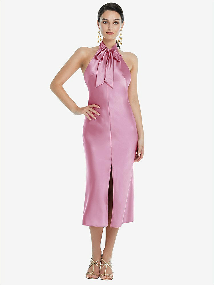 【NEW】【STYLE: LB038】スカーフ ネクタイ スタンド 襟 MIDI バイアス ドレス 前面 スリット【COLOR: Powder Pink】【SIZE: 00-30W】