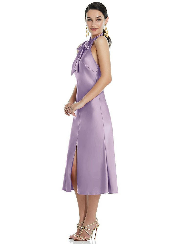 【NEW】【STYLE: LB038】スカーフ ネクタイ スタンド 襟 MIDI バイアス ドレス 前面 スリット【COLOR: Pale Purple】【SIZE: 00-30W】
