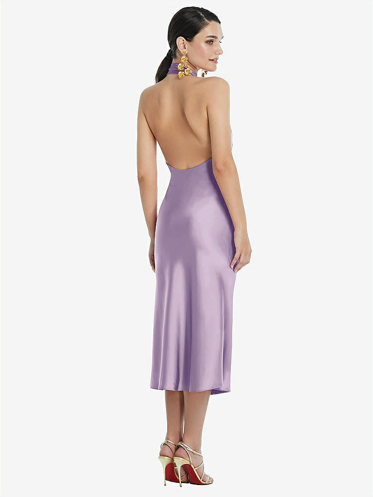 【STYLE: LB038】Scarf Tie Stand Collar Midi Bias Dress with Front Slit【COLOR: Pale Purple】