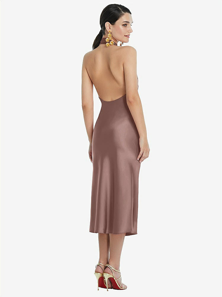 【STYLE: LB038】Scarf Tie Stand Collar Midi Bias Dress with Front Slit【COLOR: Sienna】