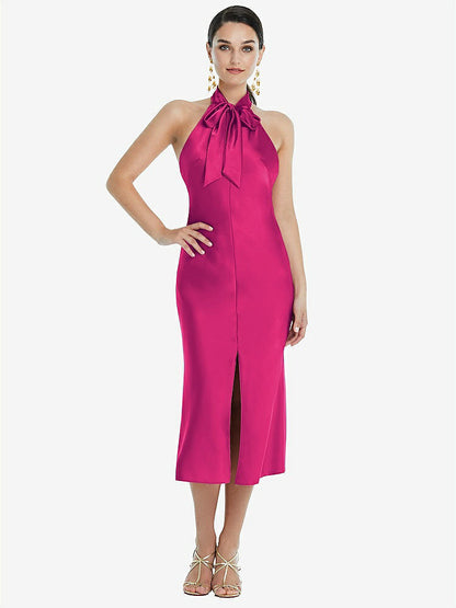 【NEW】【STYLE: LB038】スカーフ ネクタイ スタンド 襟 MIDI バイアス ドレス 前面 スリット【COLOR: Think Pink】【SIZE: 00-30W】