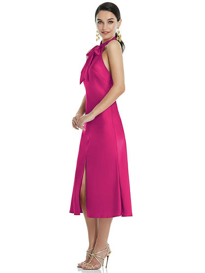 【NEW】【STYLE: LB038】スカーフ ネクタイ スタンド 襟 MIDI バイアス ドレス 前面 スリット【COLOR: Think Pink】【SIZE: 00-30W】