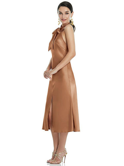 【NEW】【STYLE: LB038】スカーフ ネクタイ スタンド 襟 MIDI バイアス ドレス 前面 スリット【COLOR: Toffee】【SIZE: 00-30W】