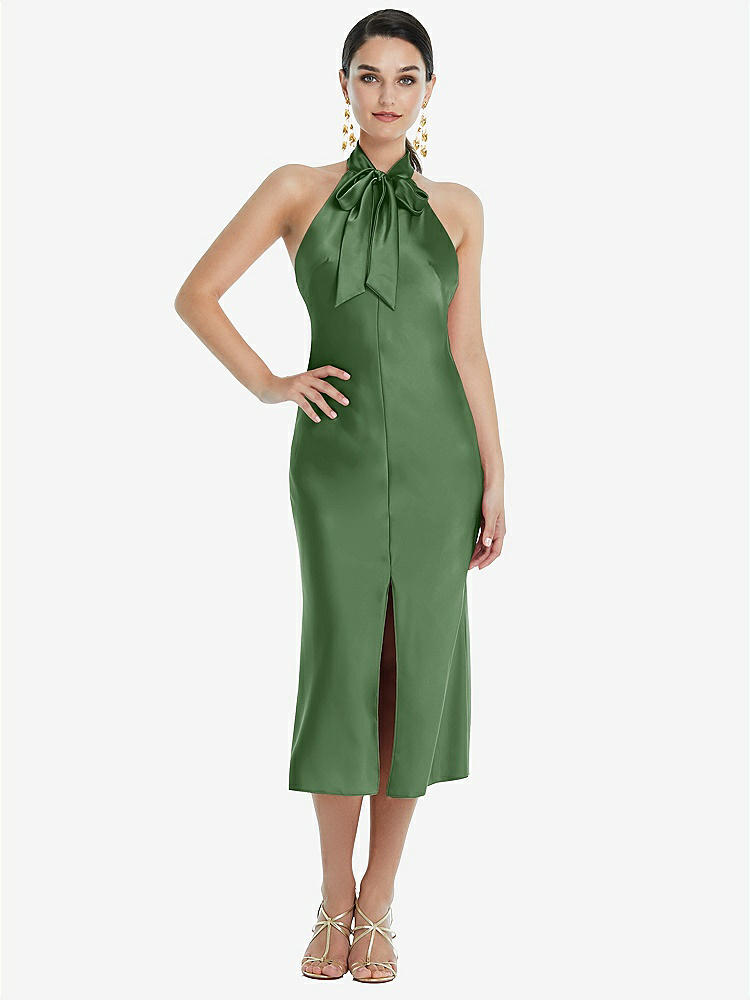 【STYLE: LB038】Scarf Tie Stand Collar Midi Bias Dress with Front Slit【COLOR: Vineyard Green】