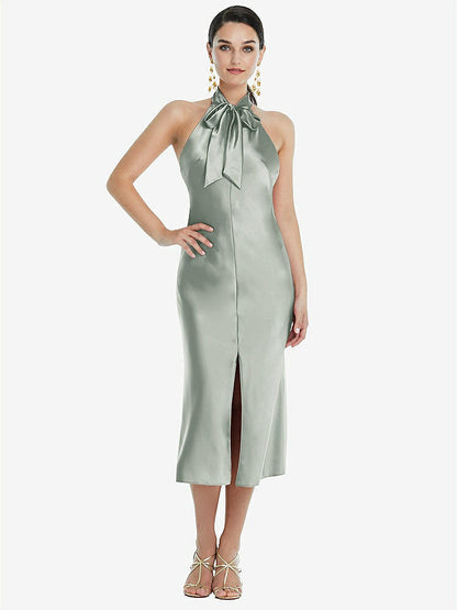 【STYLE: LB038】Scarf Tie Stand Collar Midi Bias Dress with Front Slit【COLOR: Willow Green】