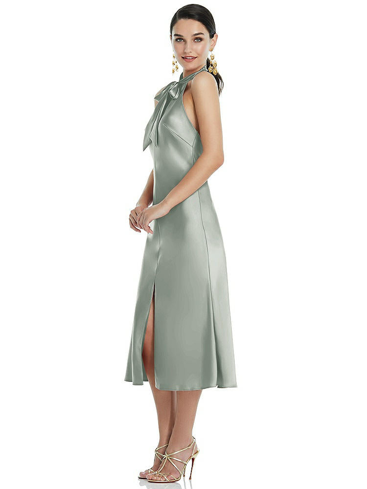 【STYLE: LB038】Scarf Tie Stand Collar Midi Bias Dress with Front Slit【COLOR: Willow Green】