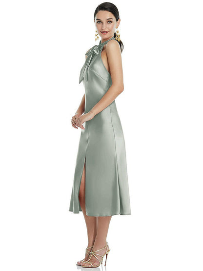 【STYLE: LB038】Scarf Tie Stand Collar Midi Bias Dress with Front Slit【COLOR: Willow Green】