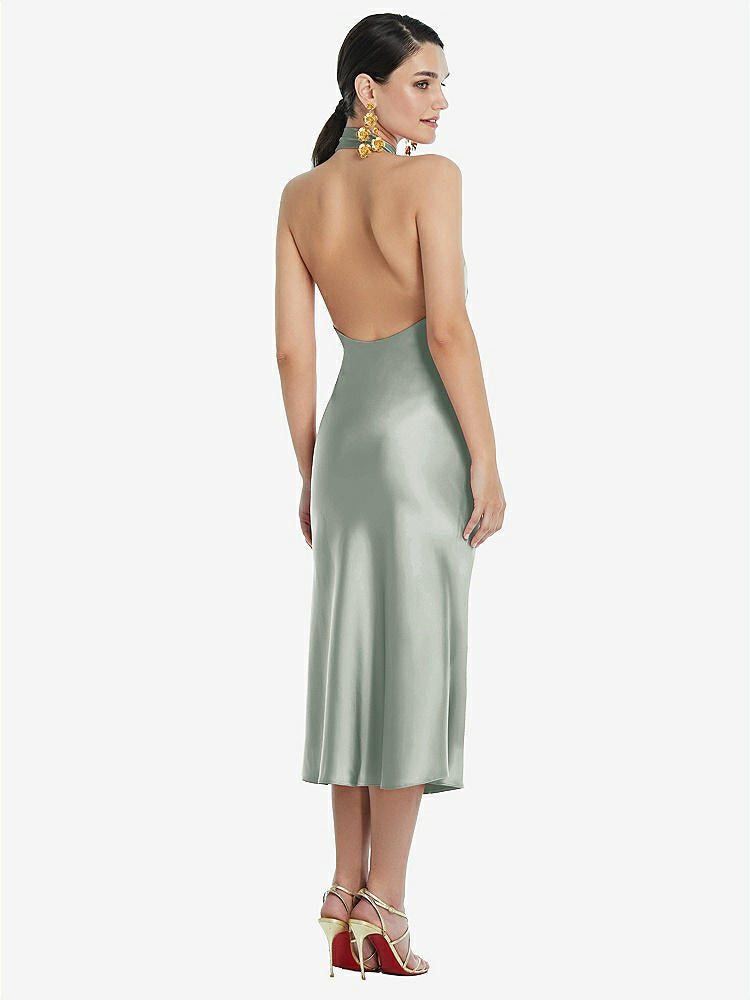 【STYLE: LB038】Scarf Tie Stand Collar Midi Bias Dress with Front Slit【COLOR: Willow Green】