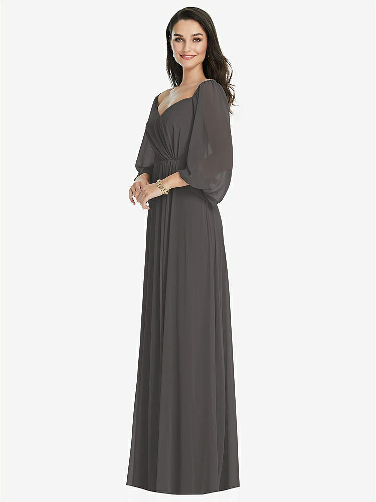 【STYLE: 3104】Off-the-Shoulder Puff Sleeve Maxi Dress with Front Slit【COLOR: Caviar Gray】