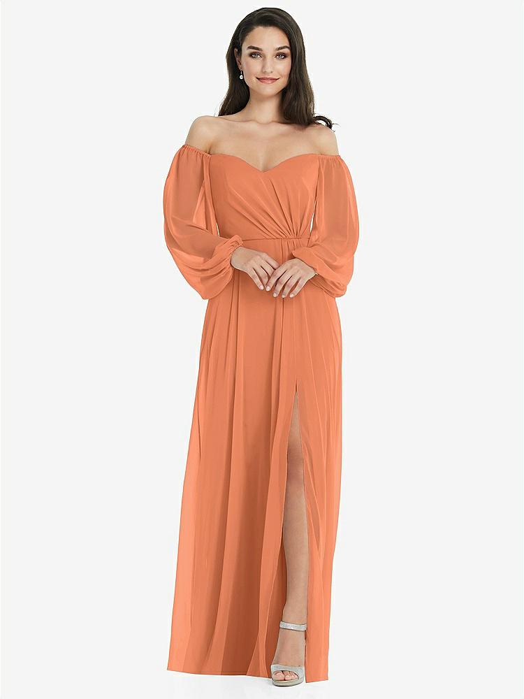 【STYLE: 3104】Off-the-Shoulder Puff Sleeve Maxi Dress with Front Slit【COLOR: Sweet Melon】