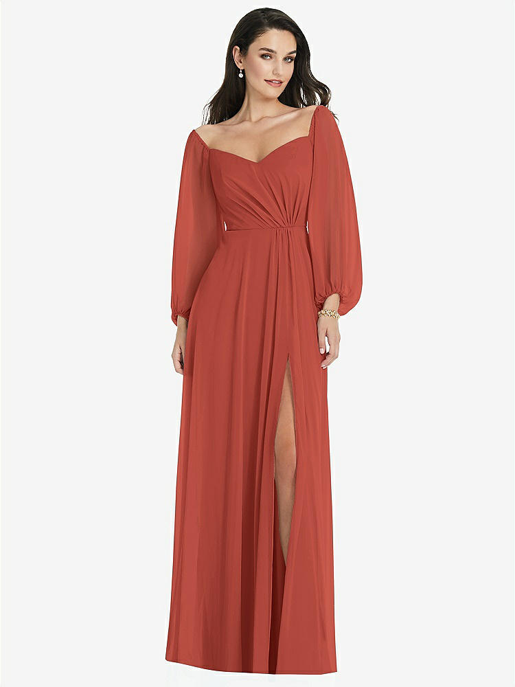 【STYLE: 3104】Off-the-Shoulder Puff Sleeve Maxi Dress with Front Slit【COLOR: Amber Sunset】