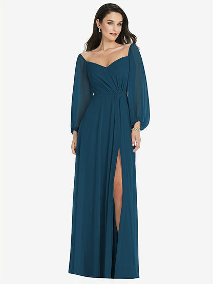 【STYLE: 3104】Off-the-Shoulder Puff Sleeve Maxi Dress with Front Slit【COLOR: Atlantic Blue】