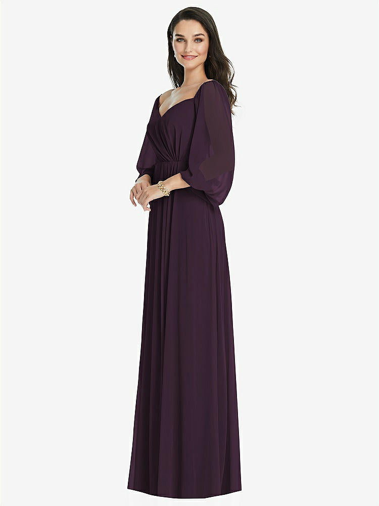 【NEW】【STYLE: 3104】オフショルダー パフ スリーブ マキシ ドレス 前面 スリット【COLOR: Aubergine】【SIZE: 00-30W】