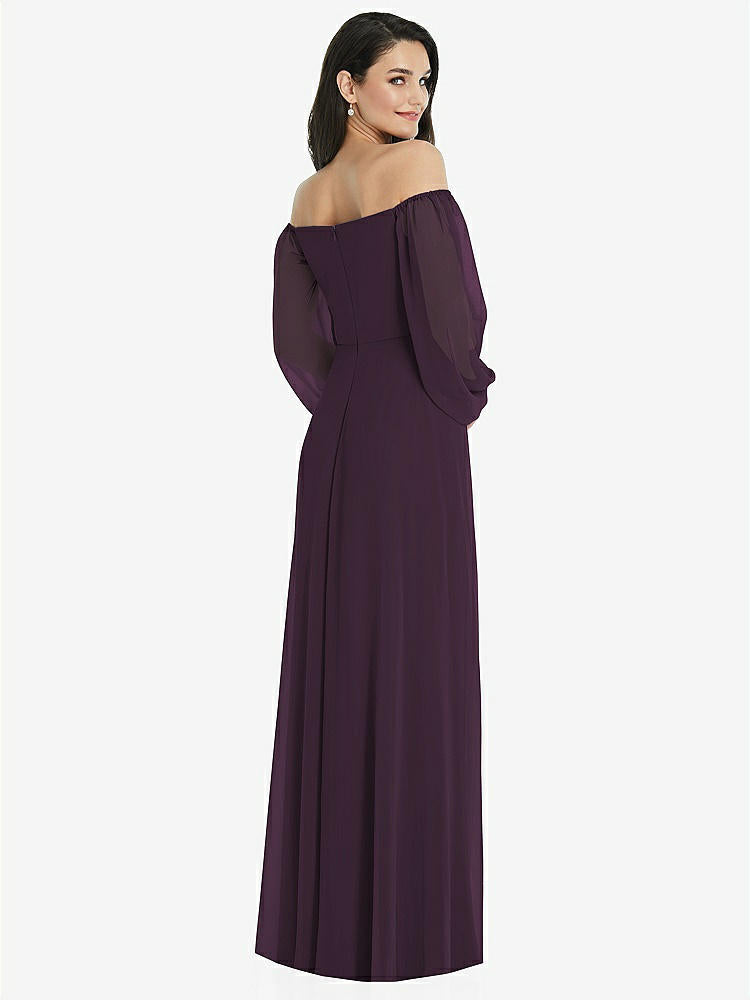 【NEW】【STYLE: 3104】オフショルダー パフ スリーブ マキシ ドレス 前面 スリット【COLOR: Aubergine】【SIZE: 00-30W】
