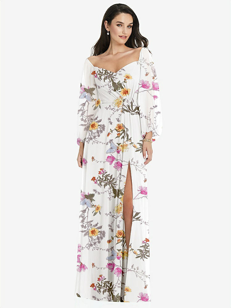 【STYLE: 3104】Off-the-Shoulder Puff Sleeve Maxi Dress with Front Slit【COLOR: Butterfly Botanica Ivory】