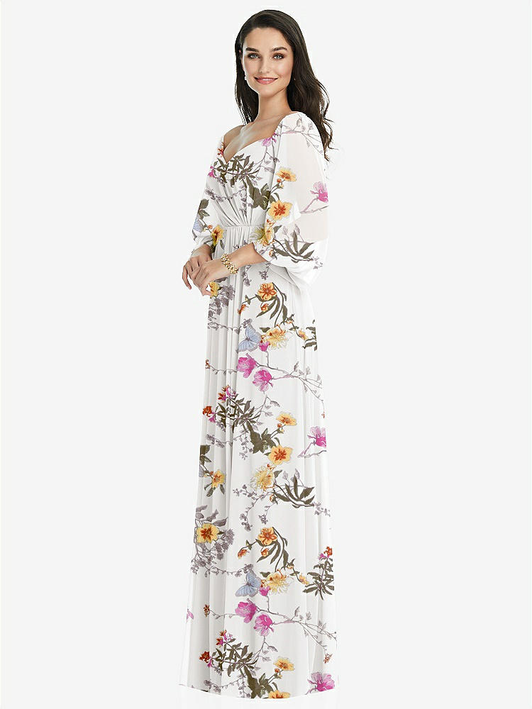 【STYLE: 3104】Off-the-Shoulder Puff Sleeve Maxi Dress with Front Slit【COLOR: Butterfly Botanica Ivory】
