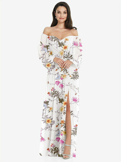 【STYLE: 3104】Off-the-Shoulder Puff Sleeve Maxi Dress with Front Slit【COLOR: Butterfly Botanica Ivory】