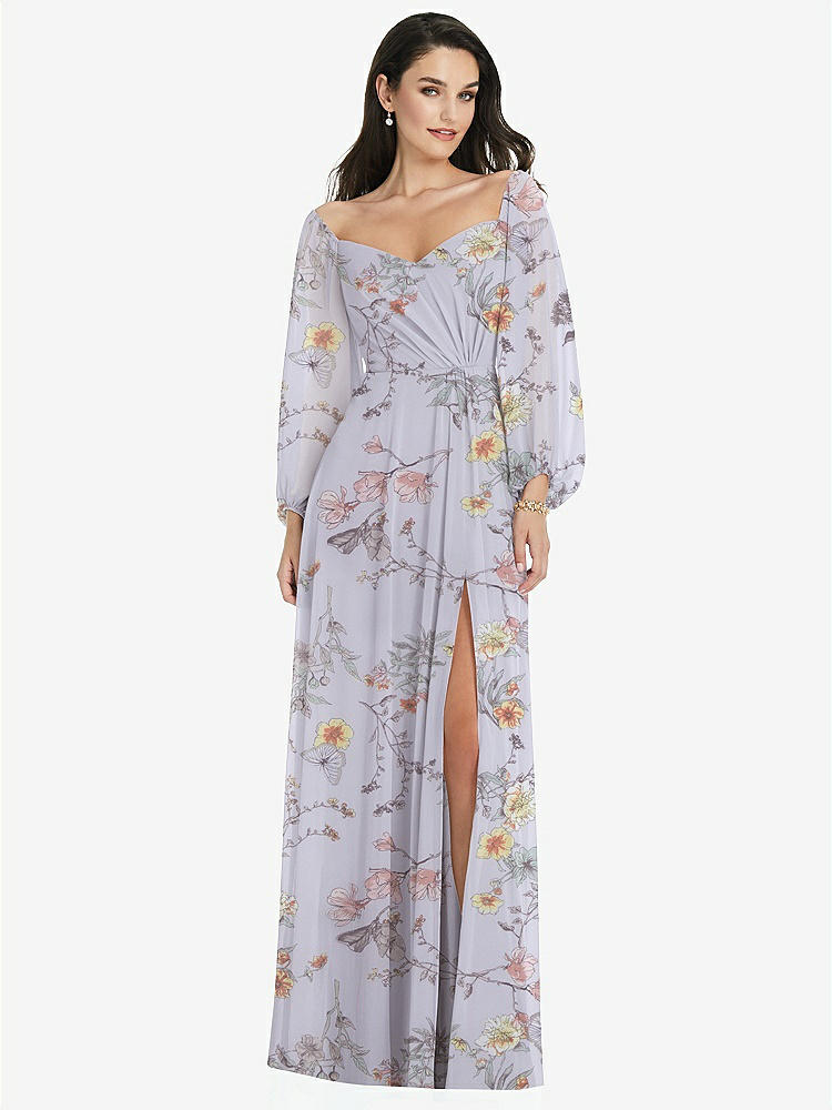 【STYLE: 3104】Off-the-Shoulder Puff Sleeve Maxi Dress with Front Slit【COLOR: Butterfly Botanica Silver Dove】
