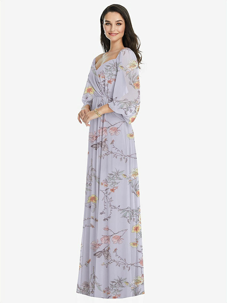 【STYLE: 3104】Off-the-Shoulder Puff Sleeve Maxi Dress with Front Slit【COLOR: Butterfly Botanica Silver Dove】