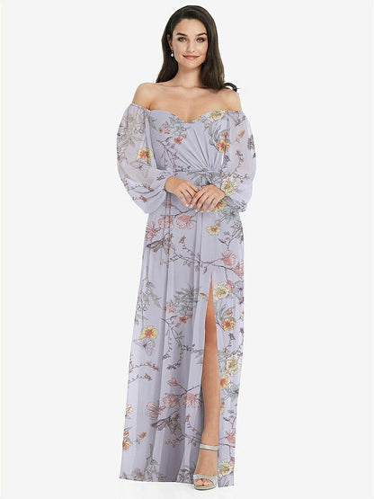 【STYLE: 3104】Off-the-Shoulder Puff Sleeve Maxi Dress with Front Slit【COLOR: Butterfly Botanica Silver Dove】