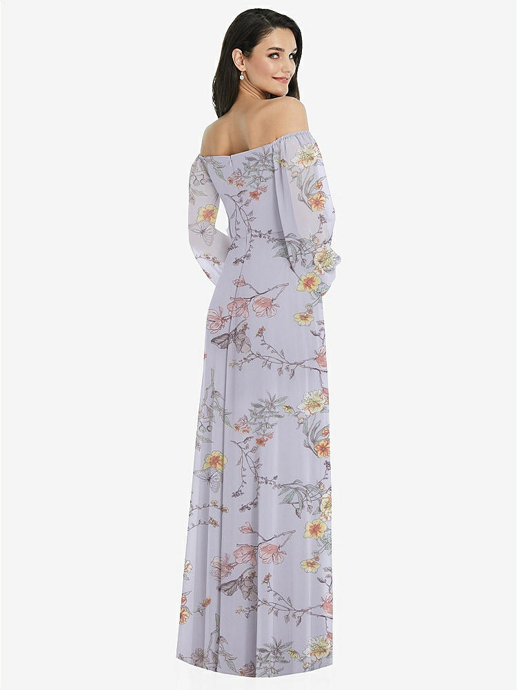 【STYLE: 3104】Off-the-Shoulder Puff Sleeve Maxi Dress with Front Slit【COLOR: Butterfly Botanica Silver Dove】