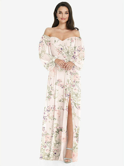 【STYLE: 3104】Off-the-Shoulder Puff Sleeve Maxi Dress with Front Slit【COLOR: Blush Garden】