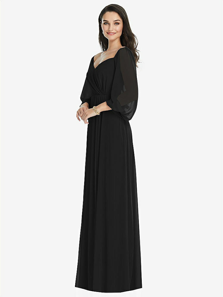 【STYLE: 3104】Off-the-Shoulder Puff Sleeve Maxi Dress with Front Slit【COLOR: Black】