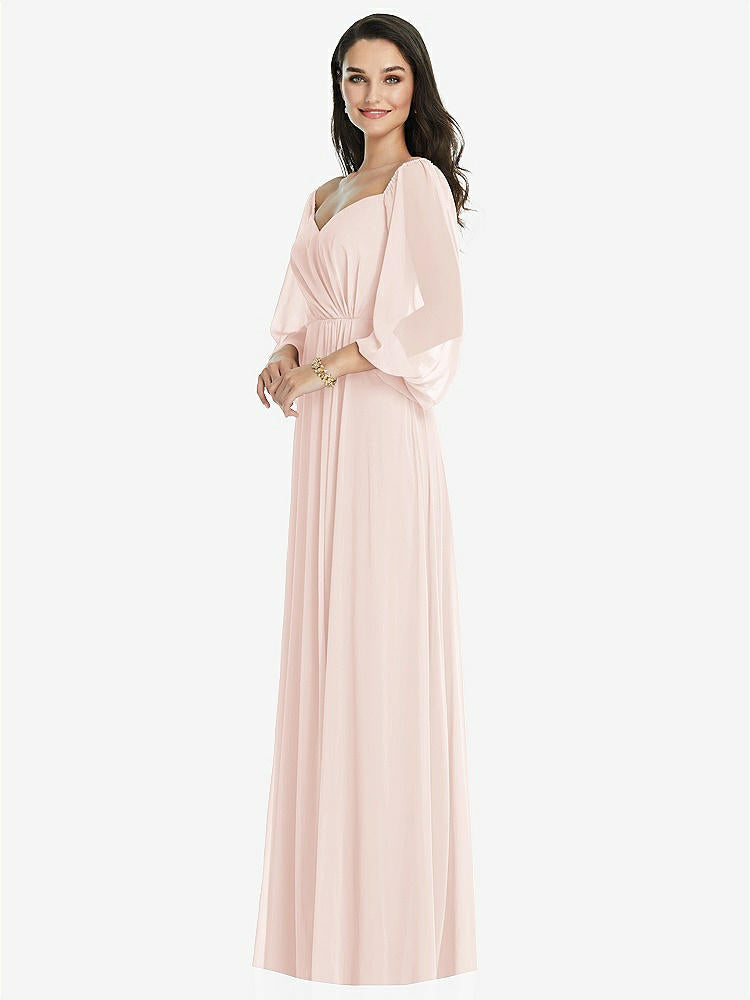 【NEW】【STYLE: 3104】オフショルダー パフ スリーブ マキシ ドレス 前面 スリット【COLOR: Blush】【SIZE: 00-30W】