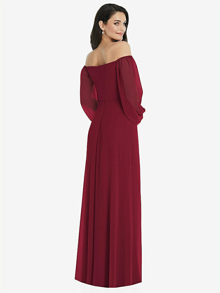【STYLE: 3104】Off-the-Shoulder Puff Sleeve Maxi Dress with Front Slit【COLOR: Burgundy】