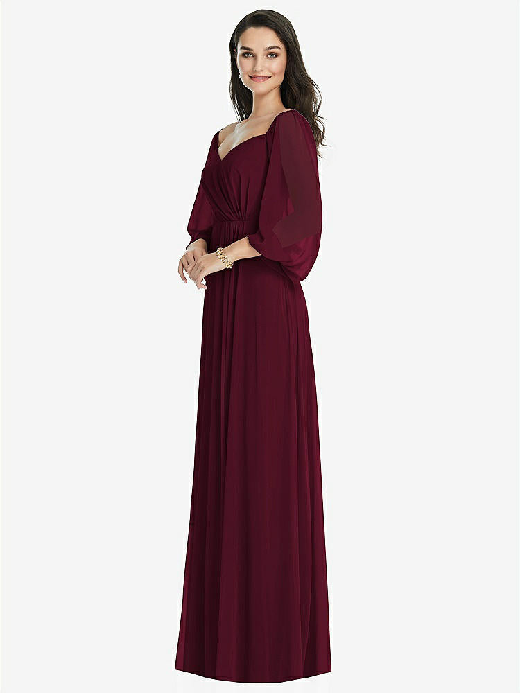 【STYLE: 3104】Off-the-Shoulder Puff Sleeve Maxi Dress with Front Slit【COLOR: Cabernet】