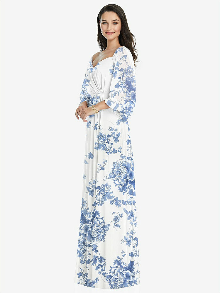 【STYLE: 3104】Off-the-Shoulder Puff Sleeve Maxi Dress with Front Slit【COLOR: Cottage Rose Dusk Blue】