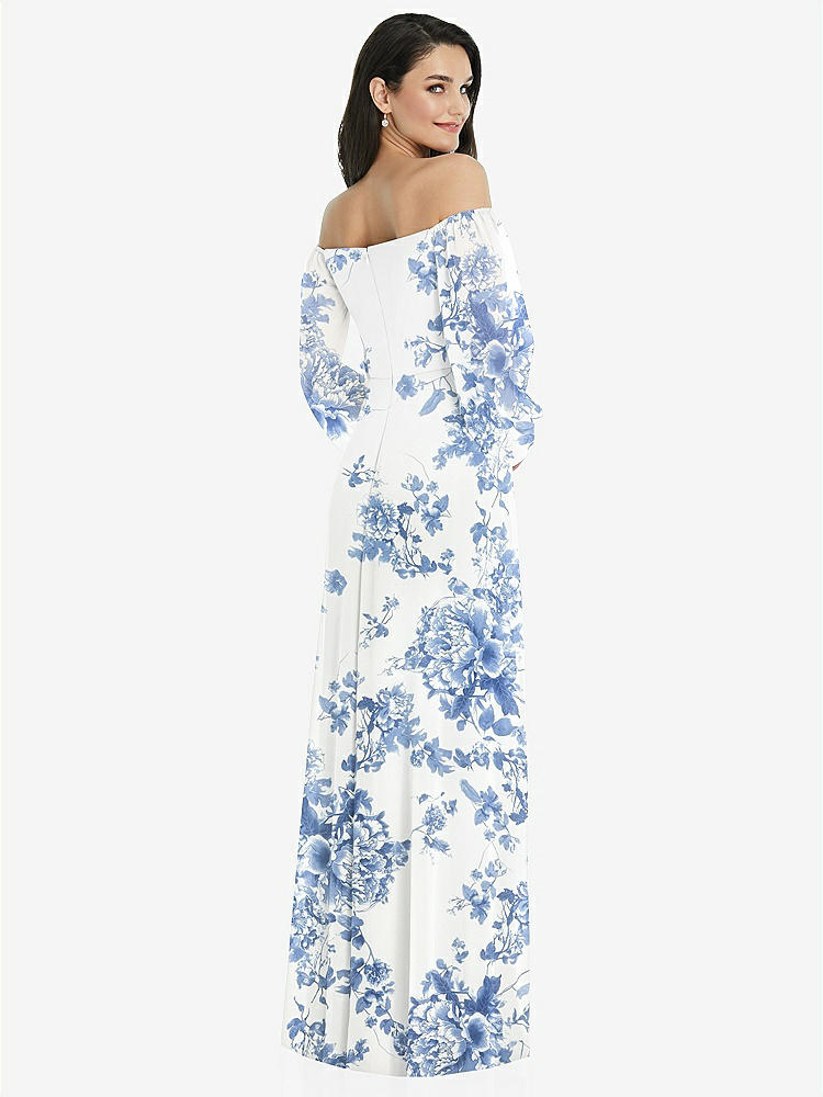 【STYLE: 3104】Off-the-Shoulder Puff Sleeve Maxi Dress with Front Slit【COLOR: Cottage Rose Dusk Blue】
