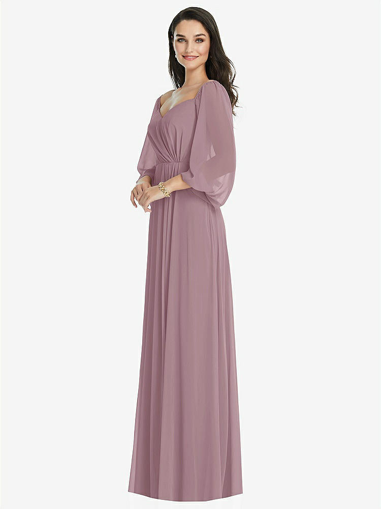 【NEW】【STYLE: 3104】オフショルダー パフ スリーブ マキシ ドレス 前面 スリット【COLOR: Dusty Rose】【SIZE: 00-30W】