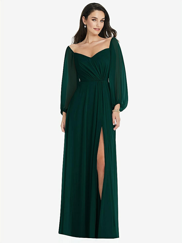 【STYLE: 3104】Off-the-Shoulder Puff Sleeve Maxi Dress with Front Slit【COLOR: Evergreen】