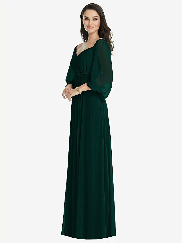 【STYLE: 3104】Off-the-Shoulder Puff Sleeve Maxi Dress with Front Slit【COLOR: Evergreen】