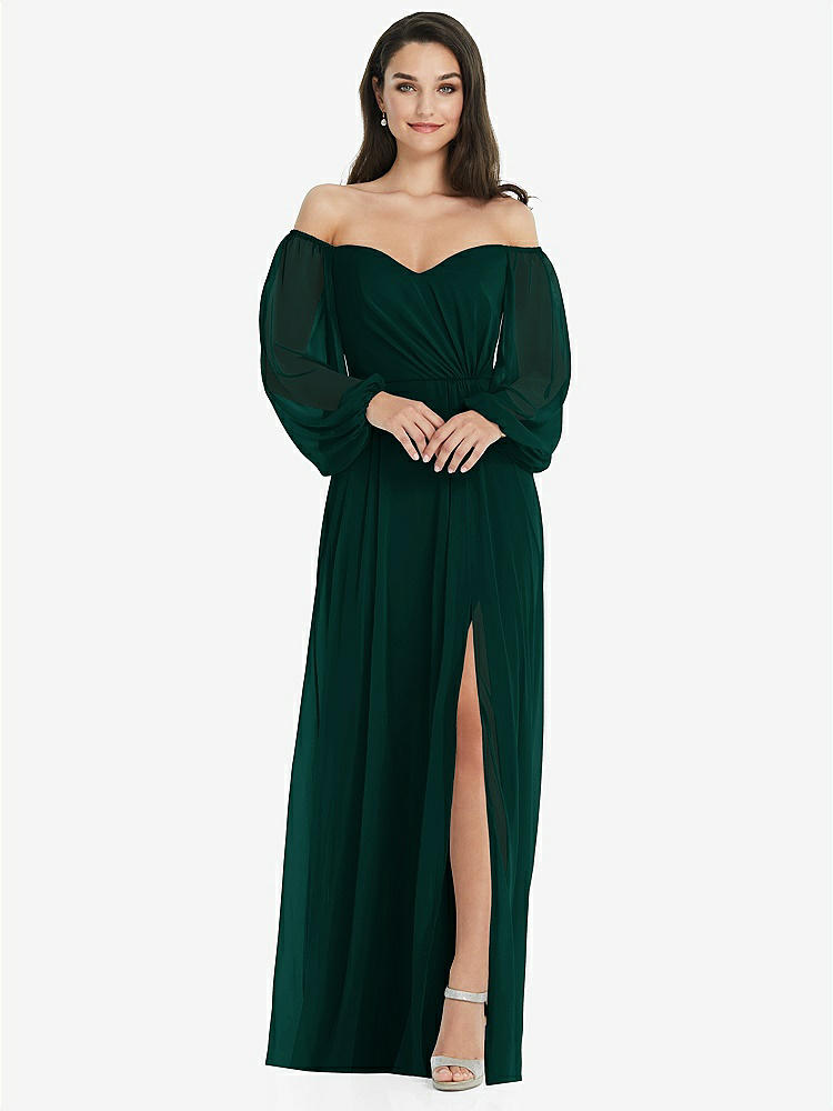 【STYLE: 3104】Off-the-Shoulder Puff Sleeve Maxi Dress with Front Slit【COLOR: Evergreen】
