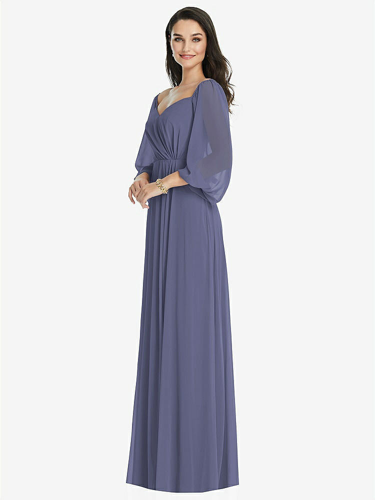 【NEW】【STYLE: 3104】オフショルダー パフ スリーブ マキシ ドレス 前面 スリット【COLOR: French Blue】【SIZE: 00-30W】