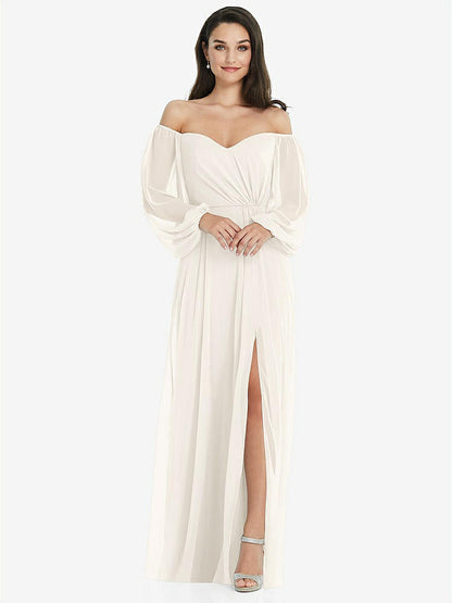 【STYLE: 3104】Off-the-Shoulder Puff Sleeve Maxi Dress with Front Slit【COLOR: Ivory】