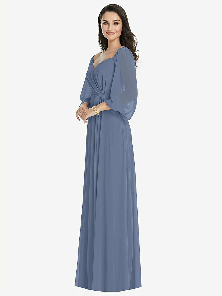 【STYLE: 3104】Off-the-Shoulder Puff Sleeve Maxi Dress with Front Slit【COLOR: Larkspur Blue】