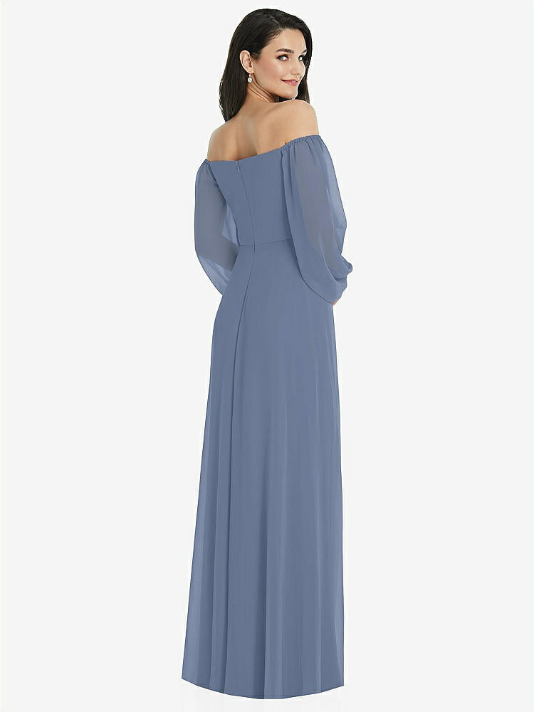 【STYLE: 3104】Off-the-Shoulder Puff Sleeve Maxi Dress with Front Slit【COLOR: Larkspur Blue】