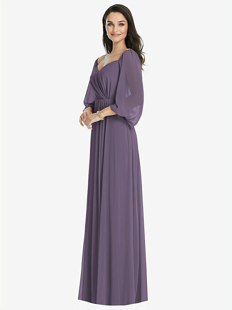 【NEW】【STYLE: 3104】オフショルダー パフ スリーブ マキシ ドレス 前面 スリット【COLOR: Lavender】【SIZE: 00-30W】