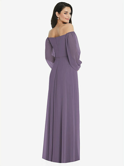 【NEW】【STYLE: 3104】オフショルダー パフ スリーブ マキシ ドレス 前面 スリット【COLOR: Lavender】【SIZE: 00-30W】