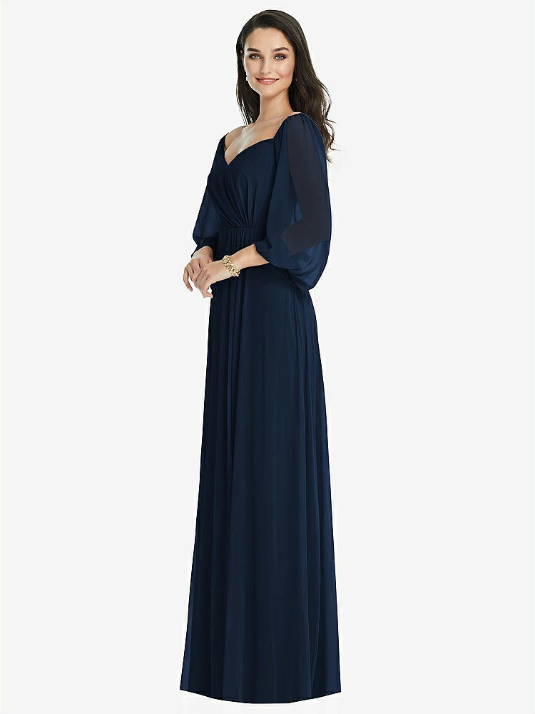 【NEW】【STYLE: 3104】オフショルダー パフ スリーブ マキシ ドレス 前面 スリット【COLOR: Midnight Navy】【SIZE: 00-30W】