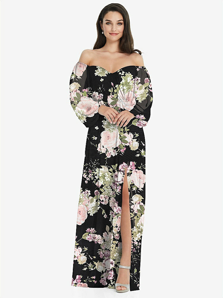 【STYLE: 3104】Off-the-Shoulder Puff Sleeve Maxi Dress with Front Slit【COLOR: Noir Garden】