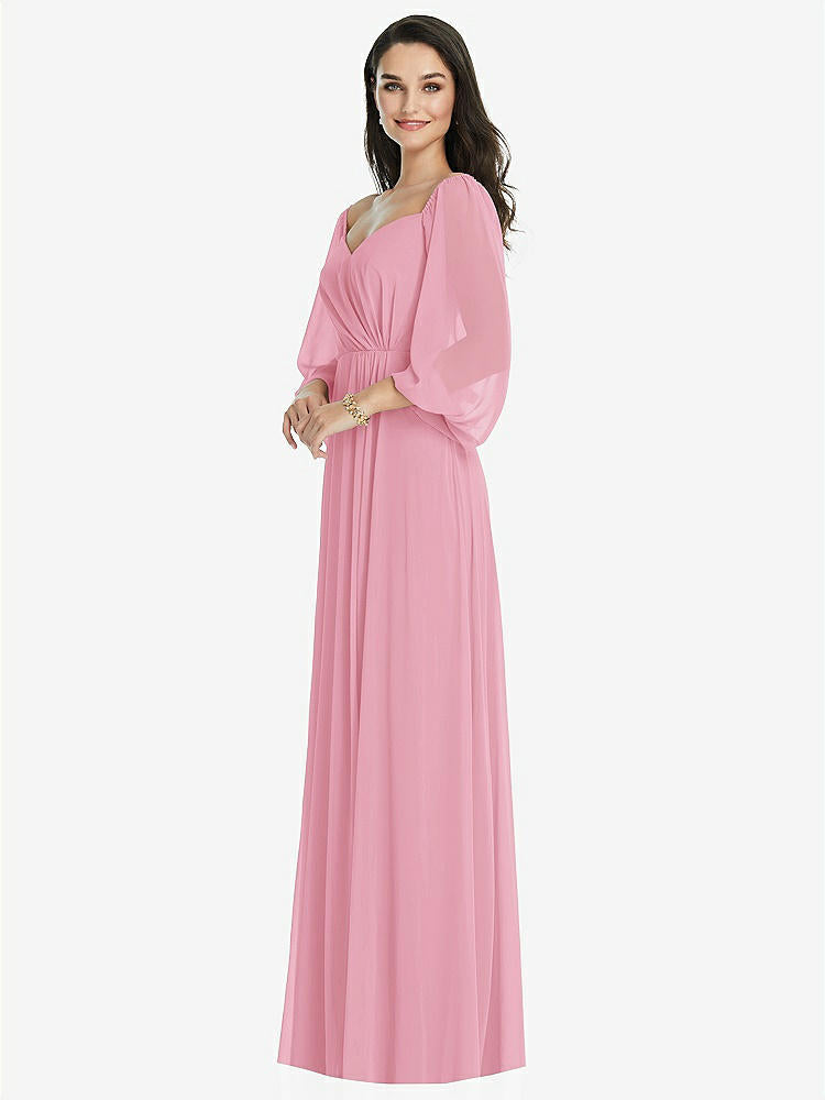 【NEW】【STYLE: 3104】オフショルダー パフ スリーブ マキシ ドレス 前面 スリット【COLOR: Peony Pink】【SIZE: 00-30W】