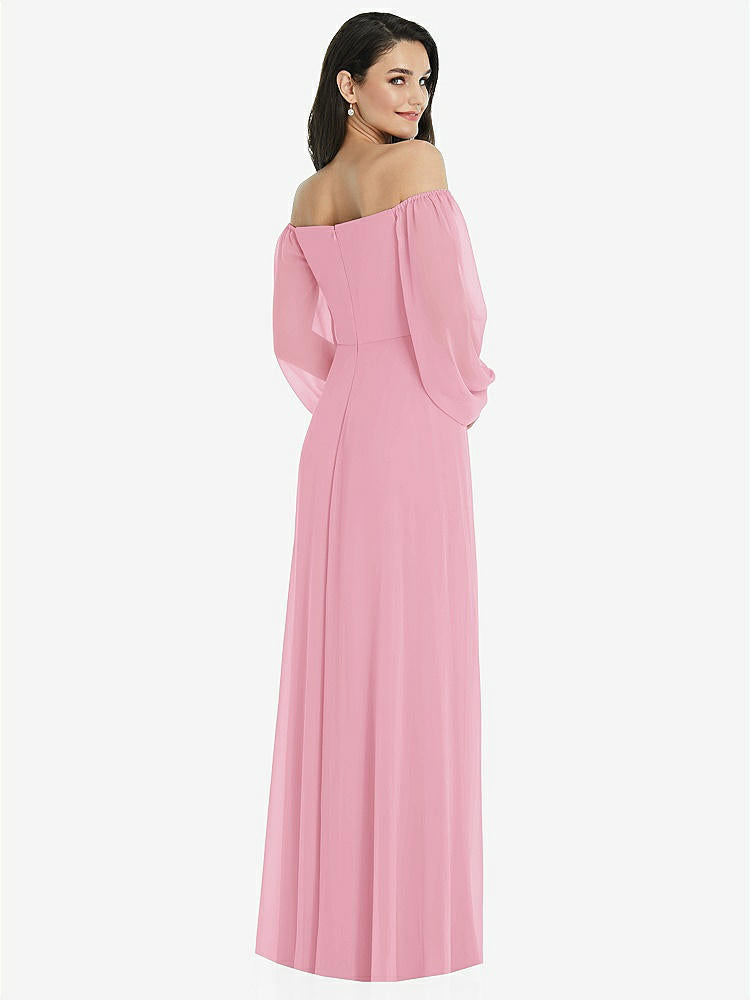 【NEW】【STYLE: 3104】オフショルダー パフ スリーブ マキシ ドレス 前面 スリット【COLOR: Peony Pink】【SIZE: 00-30W】
