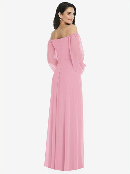 【NEW】【STYLE: 3104】オフショルダー パフ スリーブ マキシ ドレス 前面 スリット【COLOR: Peony Pink】【SIZE: 00-30W】