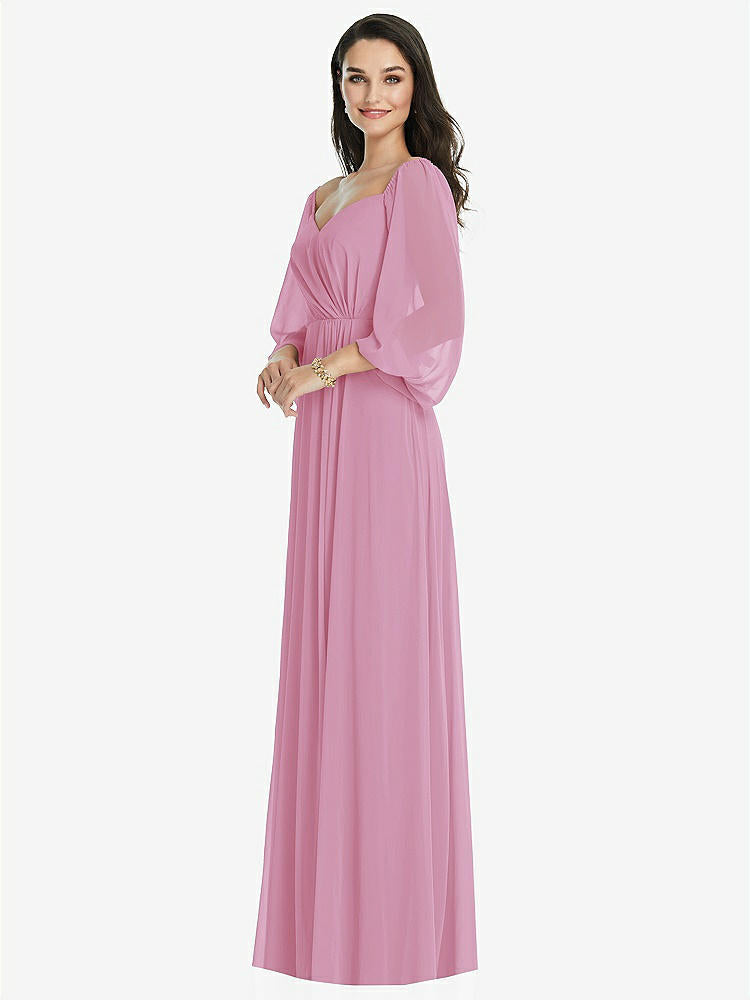 【NEW】【STYLE: 3104】オフショルダー パフ スリーブ マキシ ドレス 前面 スリット【COLOR: Powder Pink】【SIZE: 00-30W】