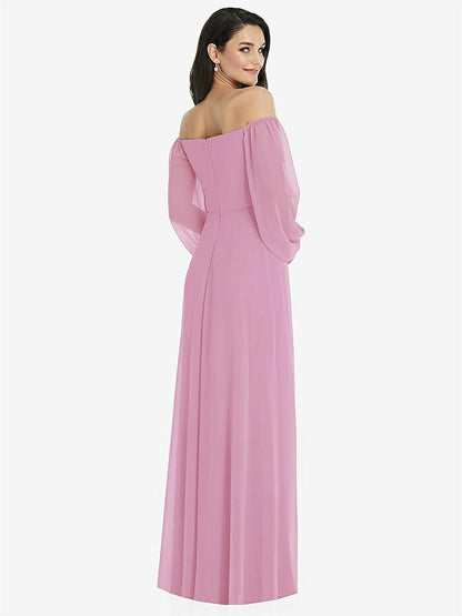 【NEW】【STYLE: 3104】オフショルダー パフ スリーブ マキシ ドレス 前面 スリット【COLOR: Powder Pink】【SIZE: 00-30W】