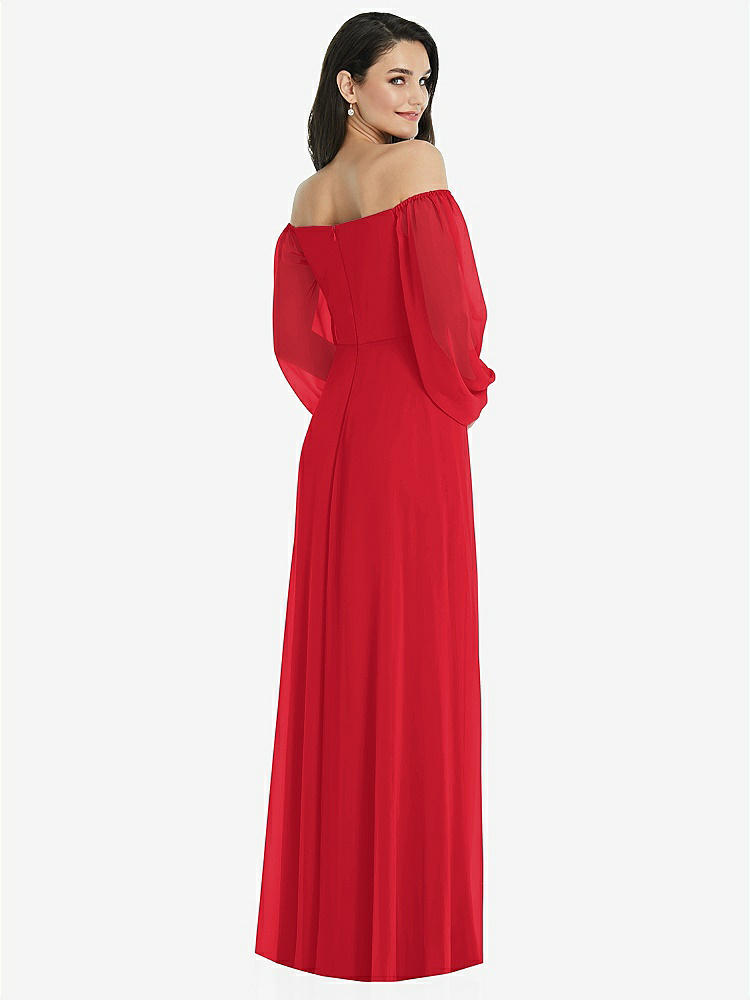 【STYLE: 3104】Off-the-Shoulder Puff Sleeve Maxi Dress with Front Slit【COLOR: Parisian Red】
